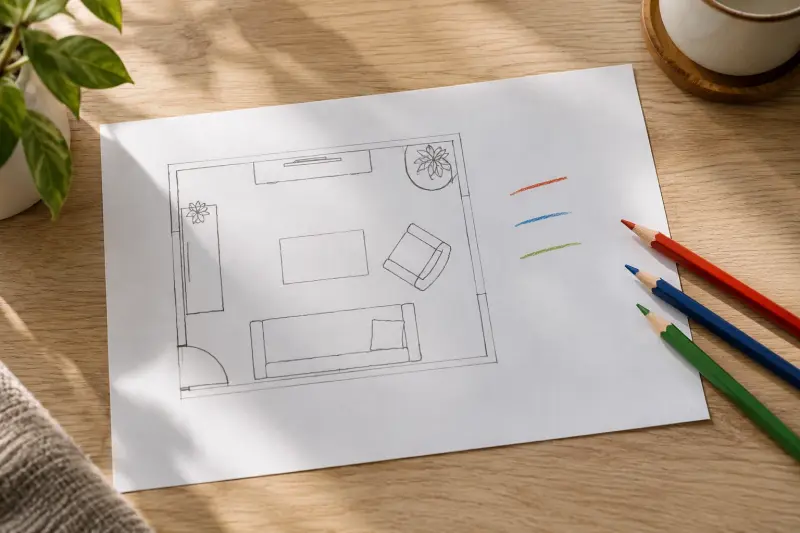 Illustrative simple room sketch with separate coloured pencil lines on an oak table.