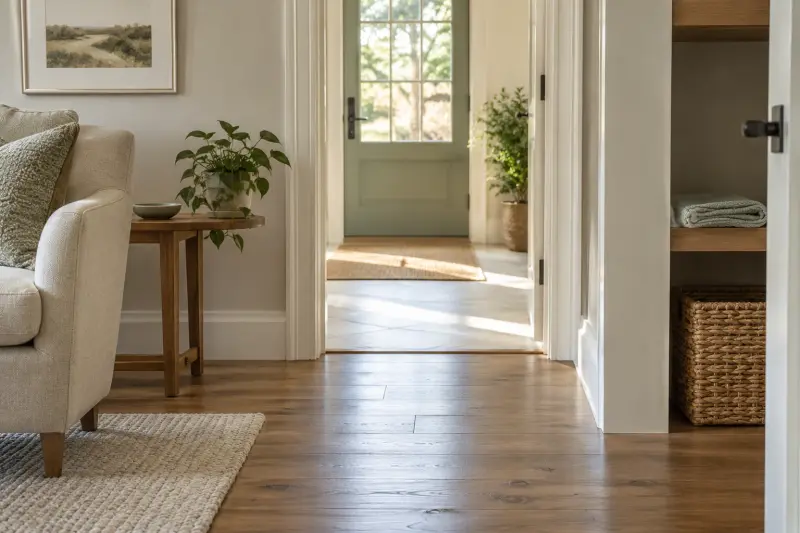 Illustrative domestic passage with a separate small storage nook beside a sitting room.