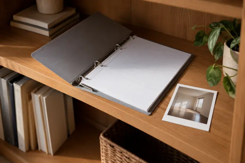 Illustrative plain folder, blank notes and small empty-room photograph on a shelf.