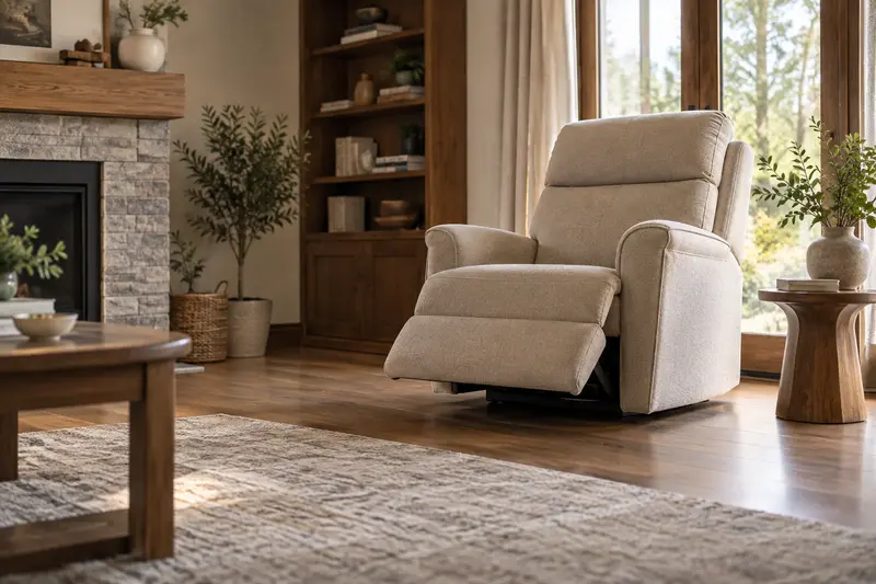 Illustrative living-room floor space around an empty unbranded recliner.