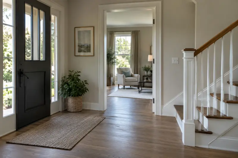 Illustrative view of a home entrance and doorway leading to a sitting room with an empty chair.