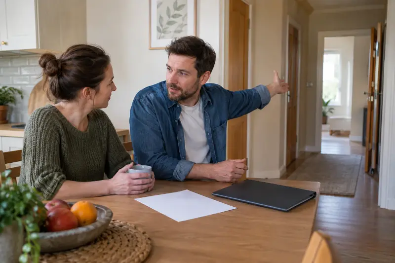 Illustrative scene of two adults discussing a hallway route beside blank planning paper.