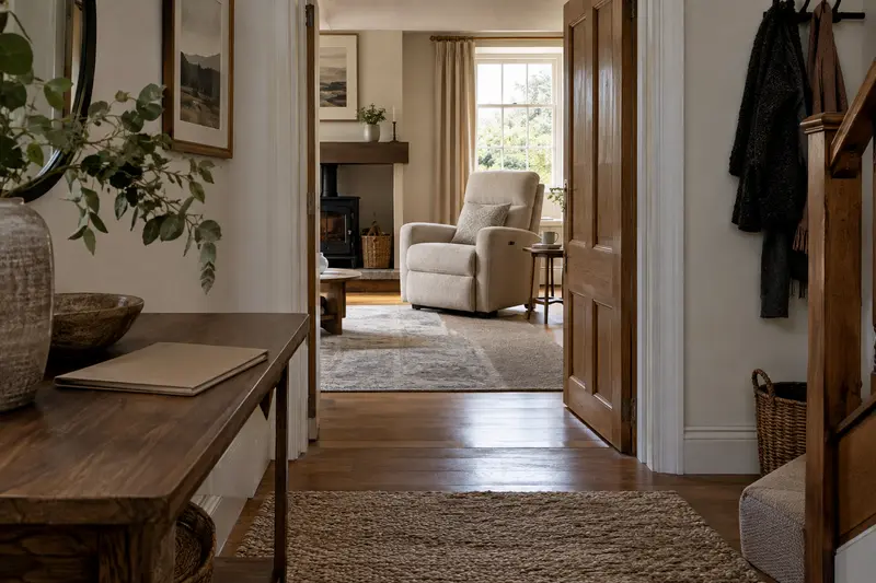 Illustrative home hallway leading to an empty recliner, with a closed folder on the console.