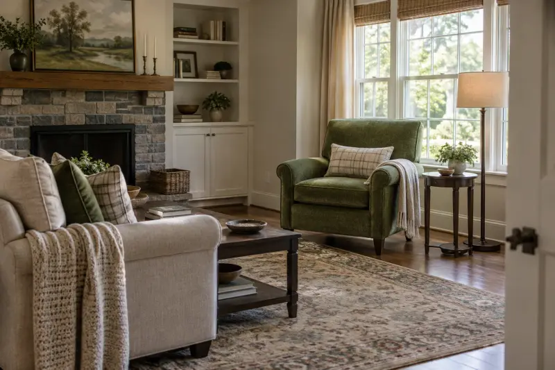 An empty green upholstered chair in a sitting room.