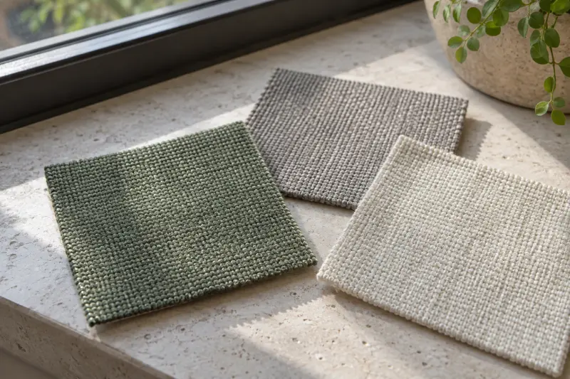 Three plain upholstery swatches on a stone window ledge.