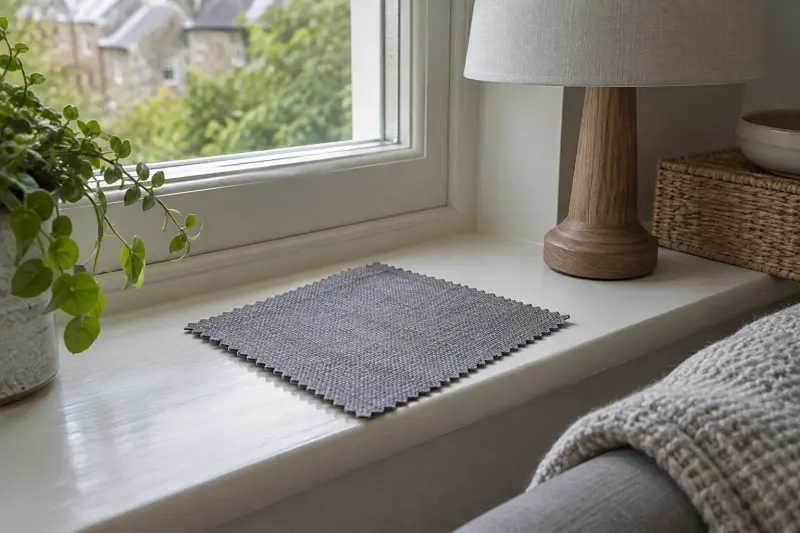 A grey fabric swatch beside a lamp in window light.