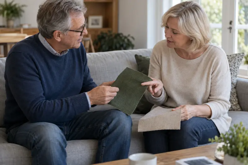 Two older adults discussing unlabelled fabric swatches.