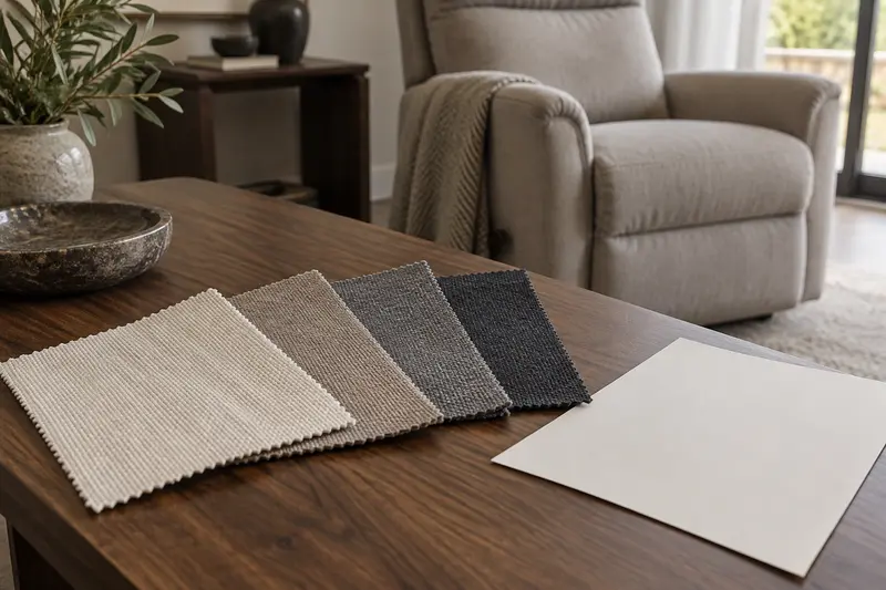 Illustrative neutral upholstery swatches beside a blank care-planning sheet.