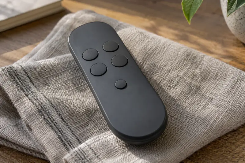 Illustrative plain hand-control-shaped object with blank buttons on linen.