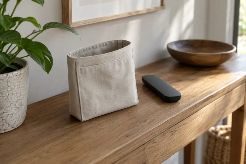 Illustrative unattached storage pouch beside a separate plain control.