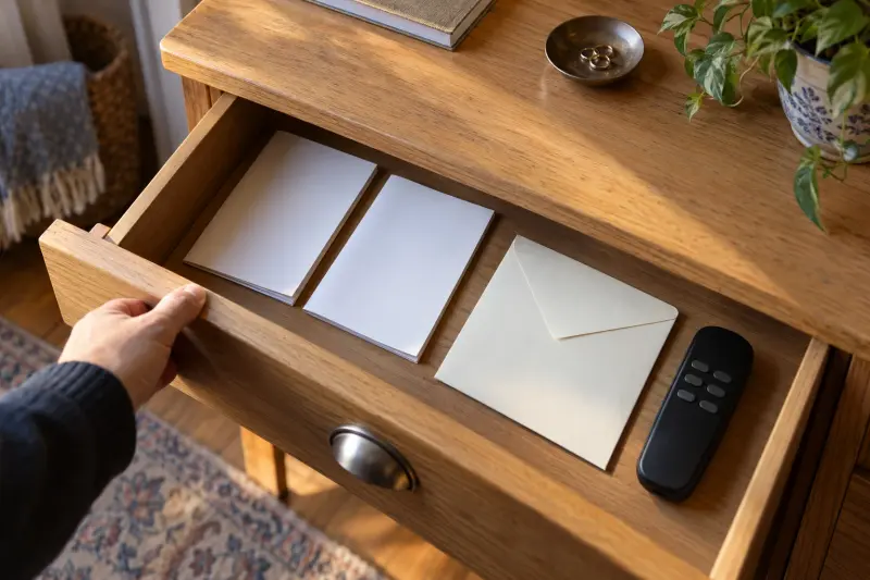 Illustrative open desk drawer holding plain booklets and a separate control.