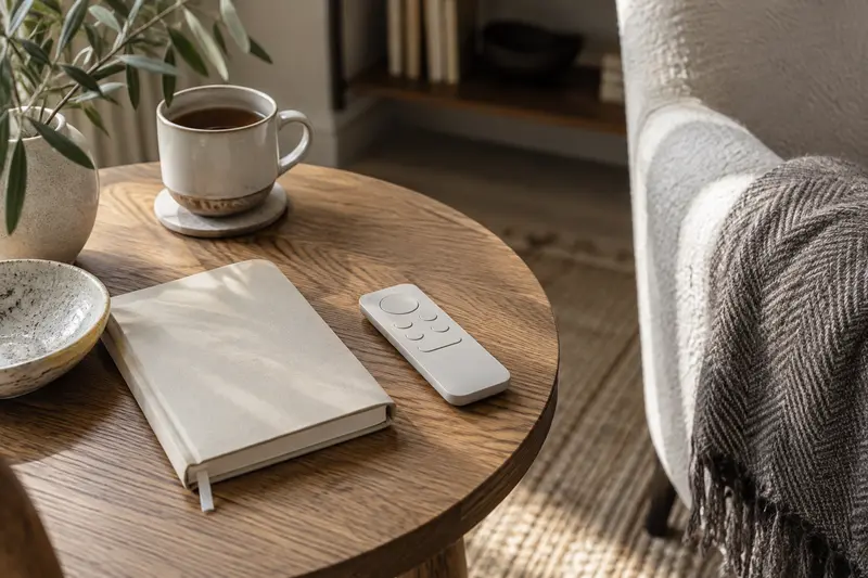 Illustrative unbranded remote with blank buttons beside a closed notebook.