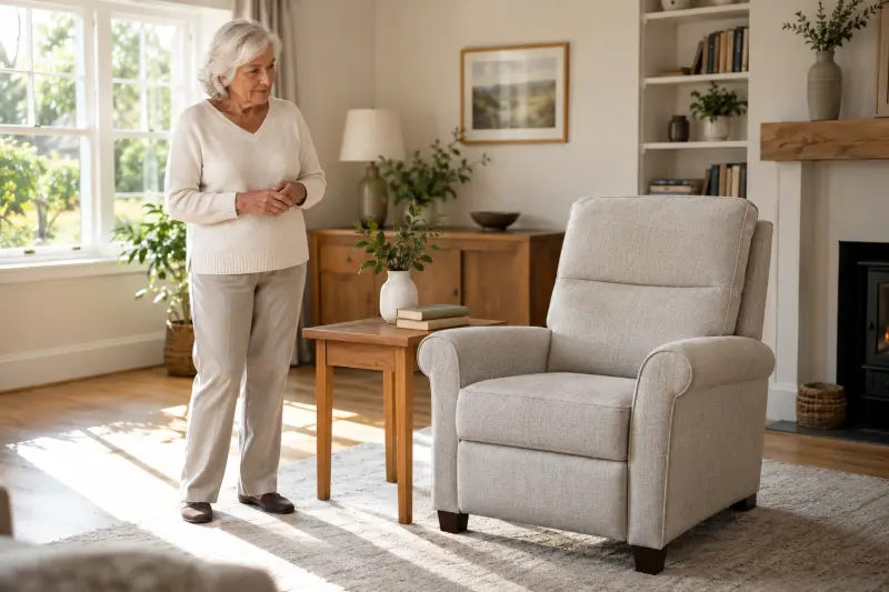 Illustrative scene of a woman considering an empty upholstered chair in a living room.