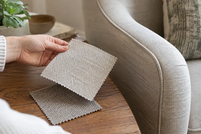 Illustrative detail of two upholstery swatches beside a generic chair arm.