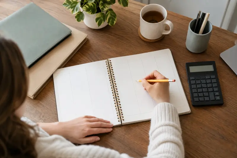 Illustrative scene of a blank planner and calculator used to prepare a household comparison.