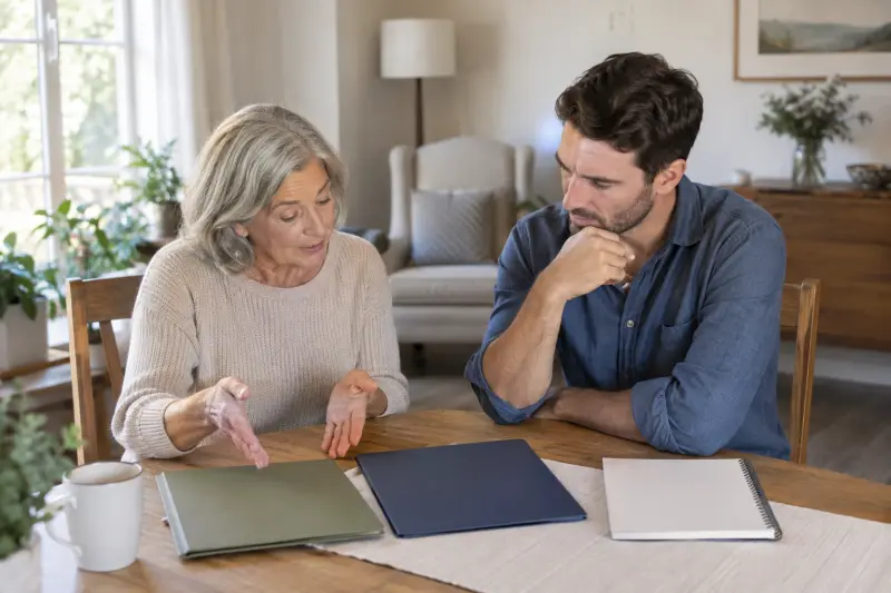 Illustrative scene of two adults comparing plain folders beside a blank notebook.