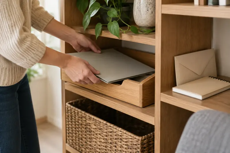 Illustrative detail of a closed folder being stored beside a plain envelope and notebook.
