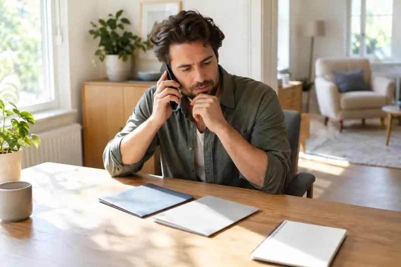 Illustrative scene of a man asking questions by phone beside two plain booklets.