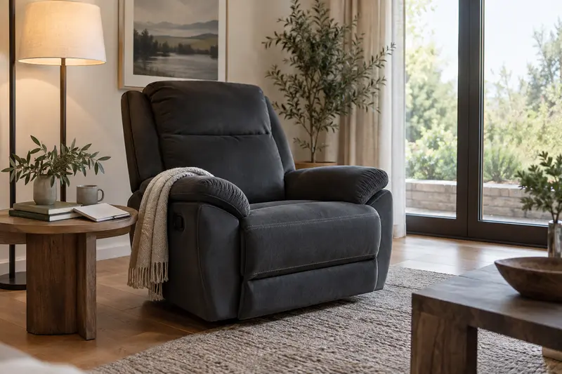 Illustrative empty charcoal recliner with plain planning notebooks on a side table.