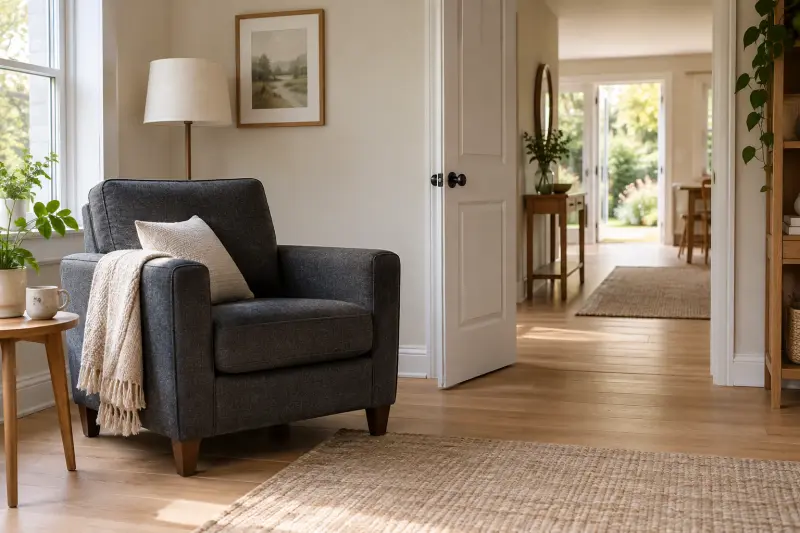 An empty armchair beside an open room doorway.