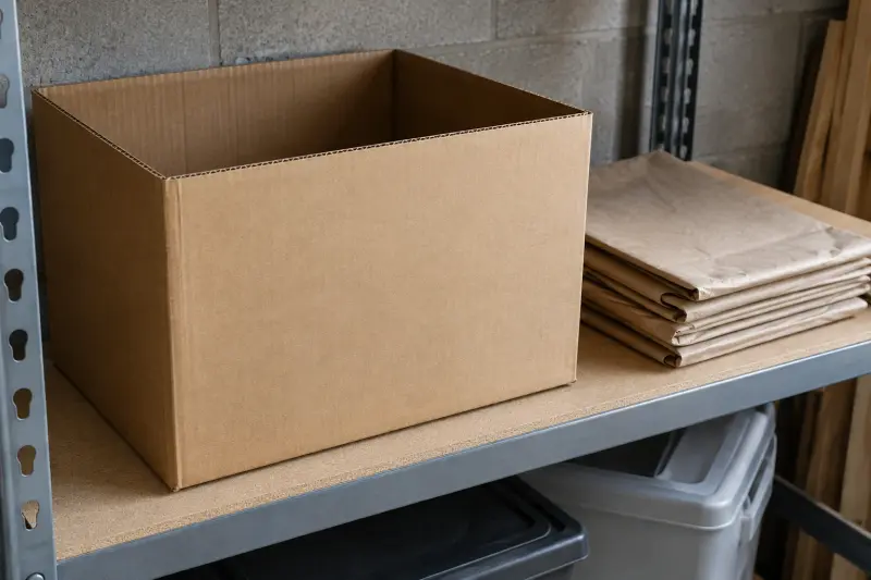 Plain empty carton and folded packing paper on a shelf.