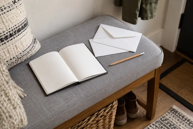 Blank notebook and envelopes on a hallway bench.