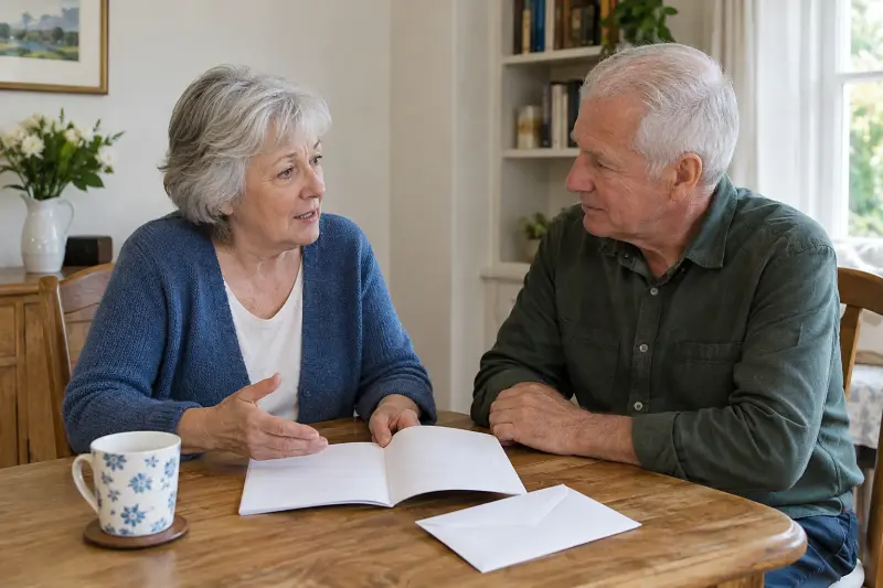 Two older adults discussing blank records at home.