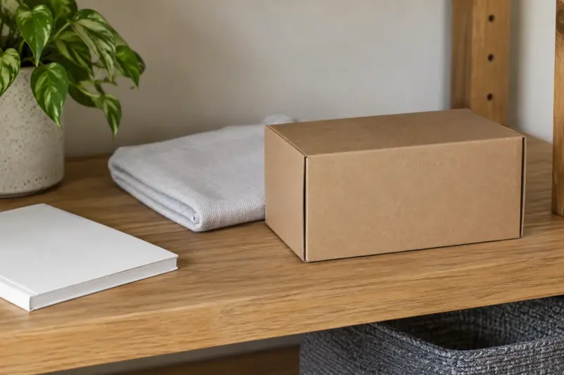 Plain carton, folded fabric and booklet on a shelf.