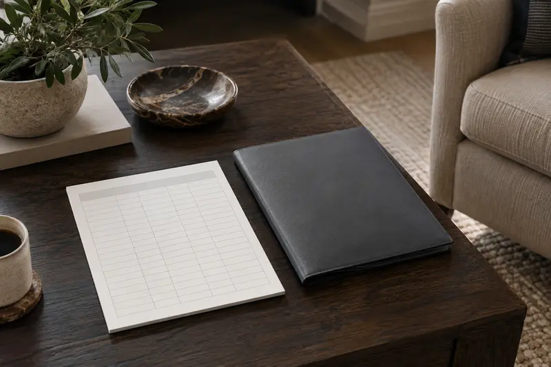 Illustrative empty purchase-planning grid and closed folder beside a chair.
