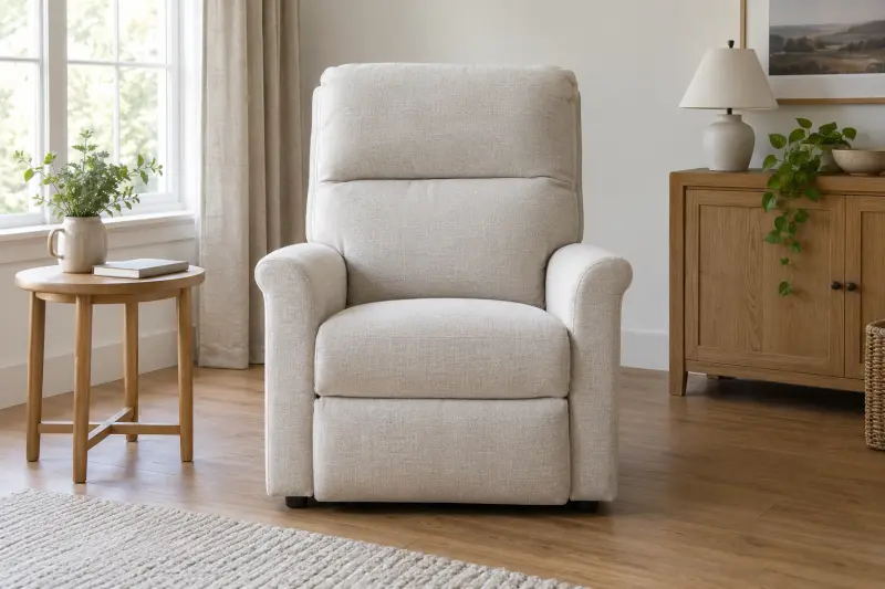 Illustrative front view of an empty upholstered chair and a separate side table.