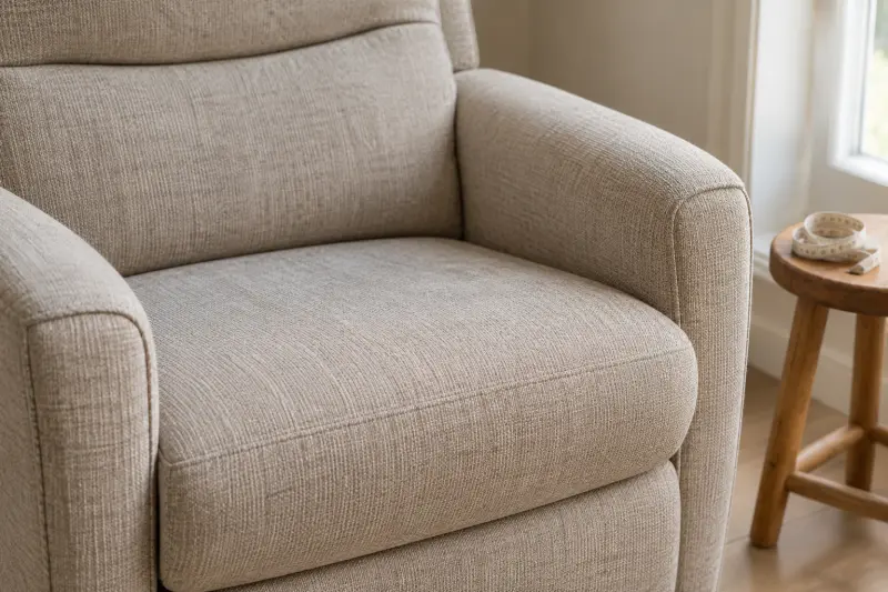 Illustrative close view of an empty upholstered seat beside a separate stool with a coiled tape.