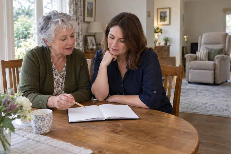 Illustrative household discussion over a notebook, with an empty chair in the background.