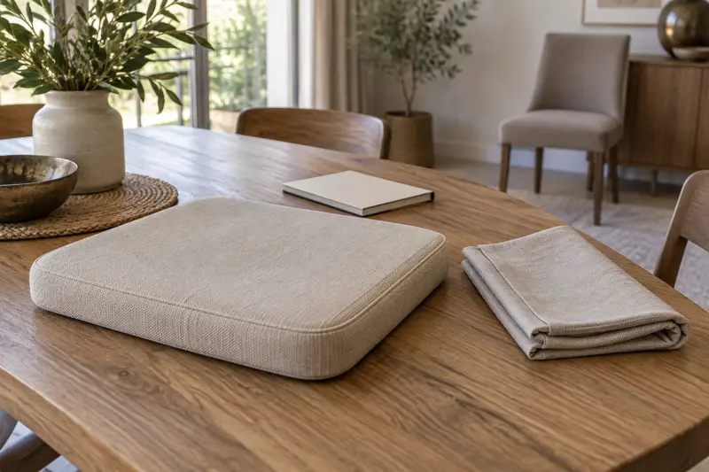Illustrative loose cushion and folded fabric on a table, with an empty chair in the background.
