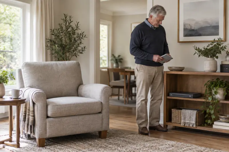 Illustrative scene of a man holding a plain booklet beside a shelf and an empty upholstered chair.