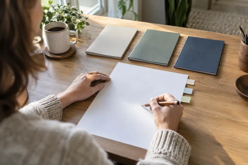 Illustrative scene of preparing comparison questions with blank paper and three plain booklets.