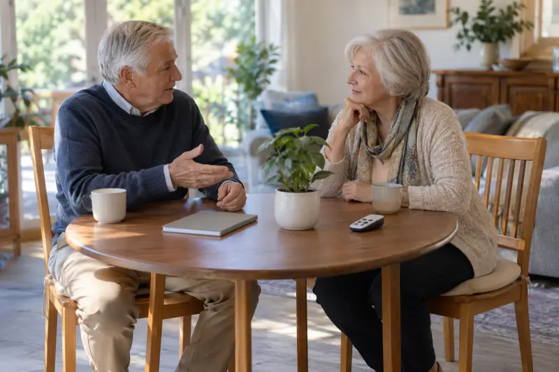 Illustrative scene of two adults discussing a closed booklet and an inactive control at home.
