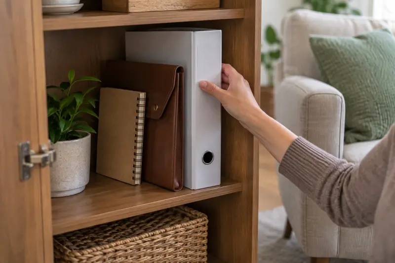 Illustrative detail of a plain binder, document wallet and notebook stored in a cabinet.
