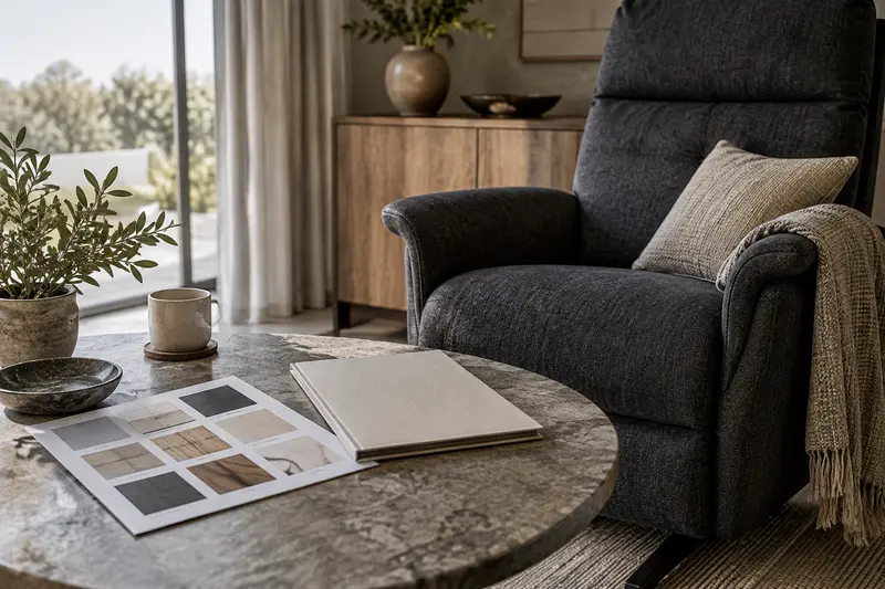 Illustrative plain folder and material comparison sheet beside a charcoal recliner.