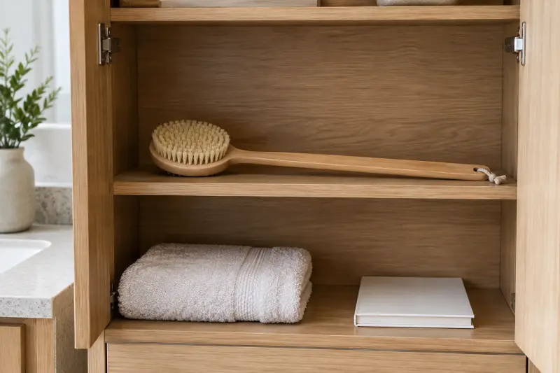 Eine schlichte Badebürste und Handtuch in einem trockenen Schrank.