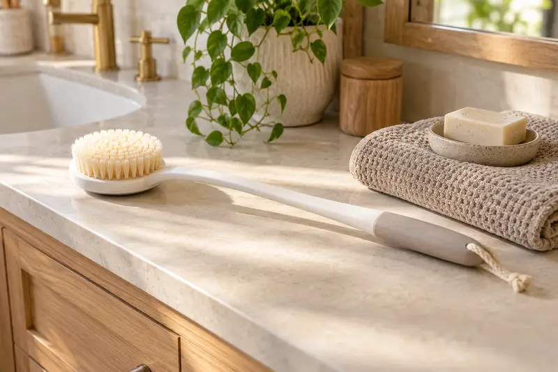 Unbranded long-handled bathing brush, folded towel and soap on a bathroom counter.