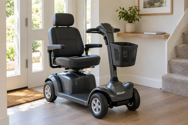 Illustrative parked mobility scooter near an entrance and a separate shelf with a plain booklet.