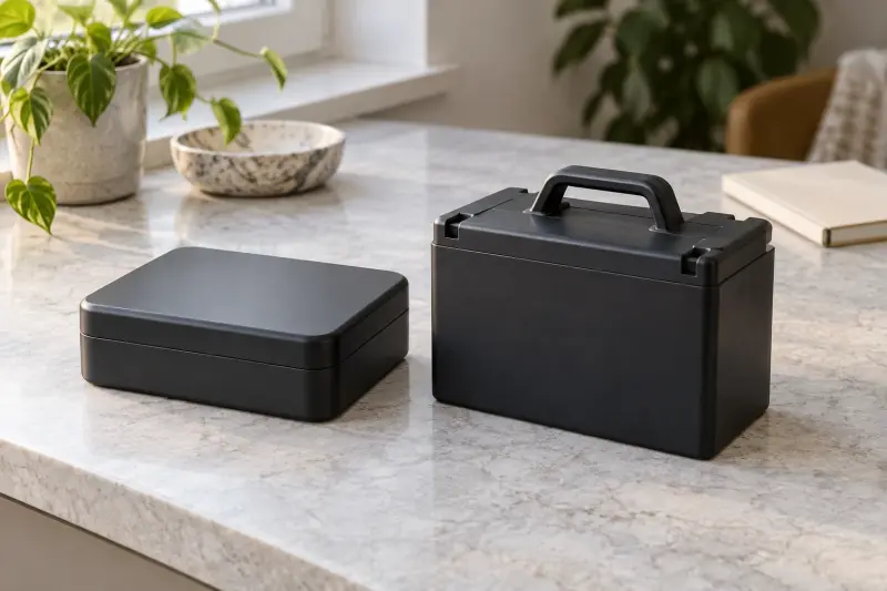 Illustrative separate closed equipment housings and a plain notebook on a worktop.