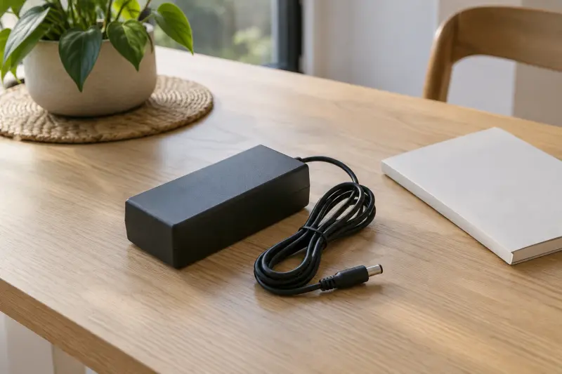 Illustrative unused plain adapter and coiled lead beside a blank booklet.