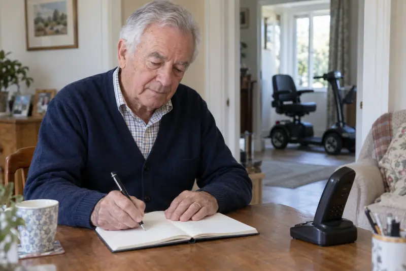 Illustrative note-taking at a desk with a telephone and a parked scooter in the background.