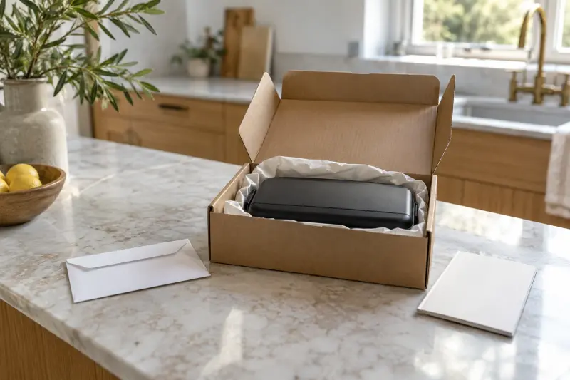 Illustrative plain carton with a closed equipment case and separate blank paperwork.