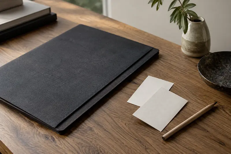 Illustrative closed equipment folder and blank identity cards on a wooden desk.