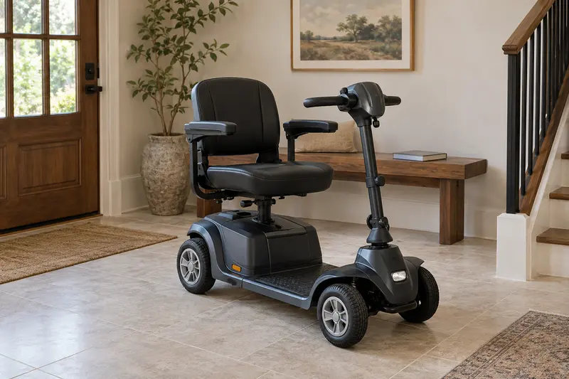 Unbranded mobility scooter parked beside a walnut bench in a bright entryway.