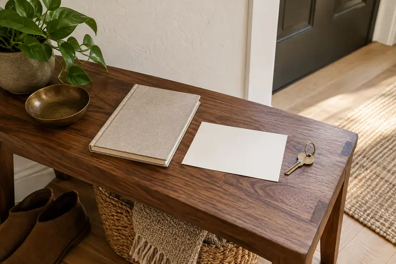 Blank card, closed linen notebook and a house key on a wooden entryway bench.