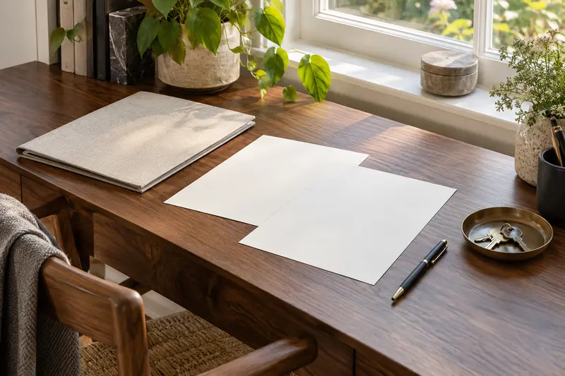 Two blank sheets beside a linen folder, pen and keys on a walnut desk.