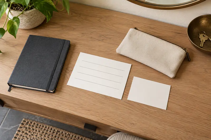 Blank ruled planning card, closed notebook and canvas pouch on a wooden table.